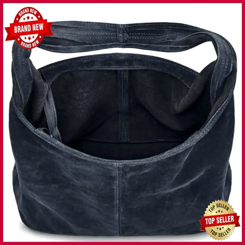 Large Genuine Suede Hobo Bag with Zipper, Soft Slouchy Shoulder Purse
